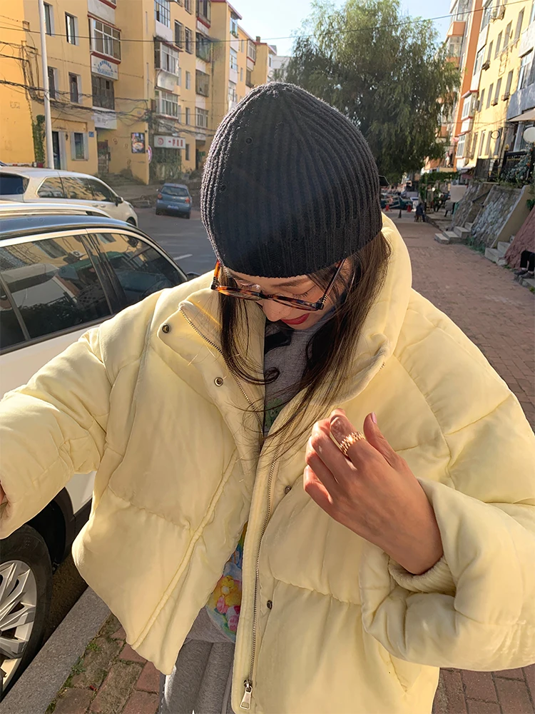 

Women's Velvet down Jacket Winter New Style Thick Warm Bread Style Yellow Stand Collar Short Length Korean Style Commute Fashion