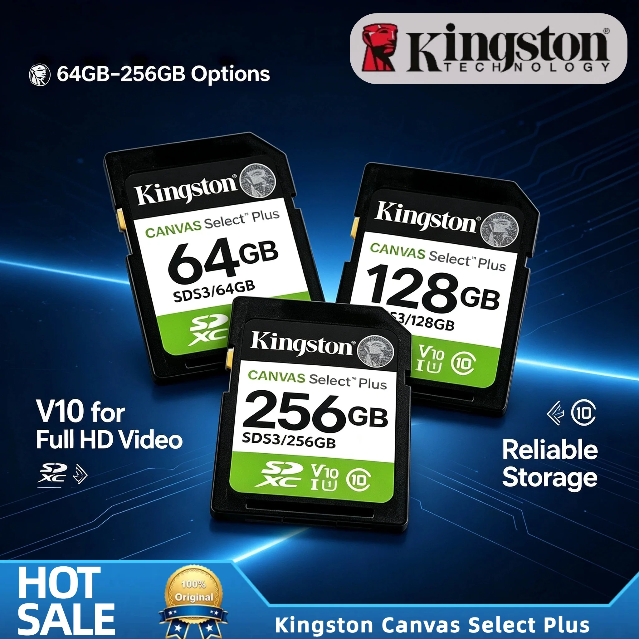 

Original Kingston 128GB 256GB 64GB SDS3 Canvas Select Plus SD Memory Card Full HD 1080p for Video Camera