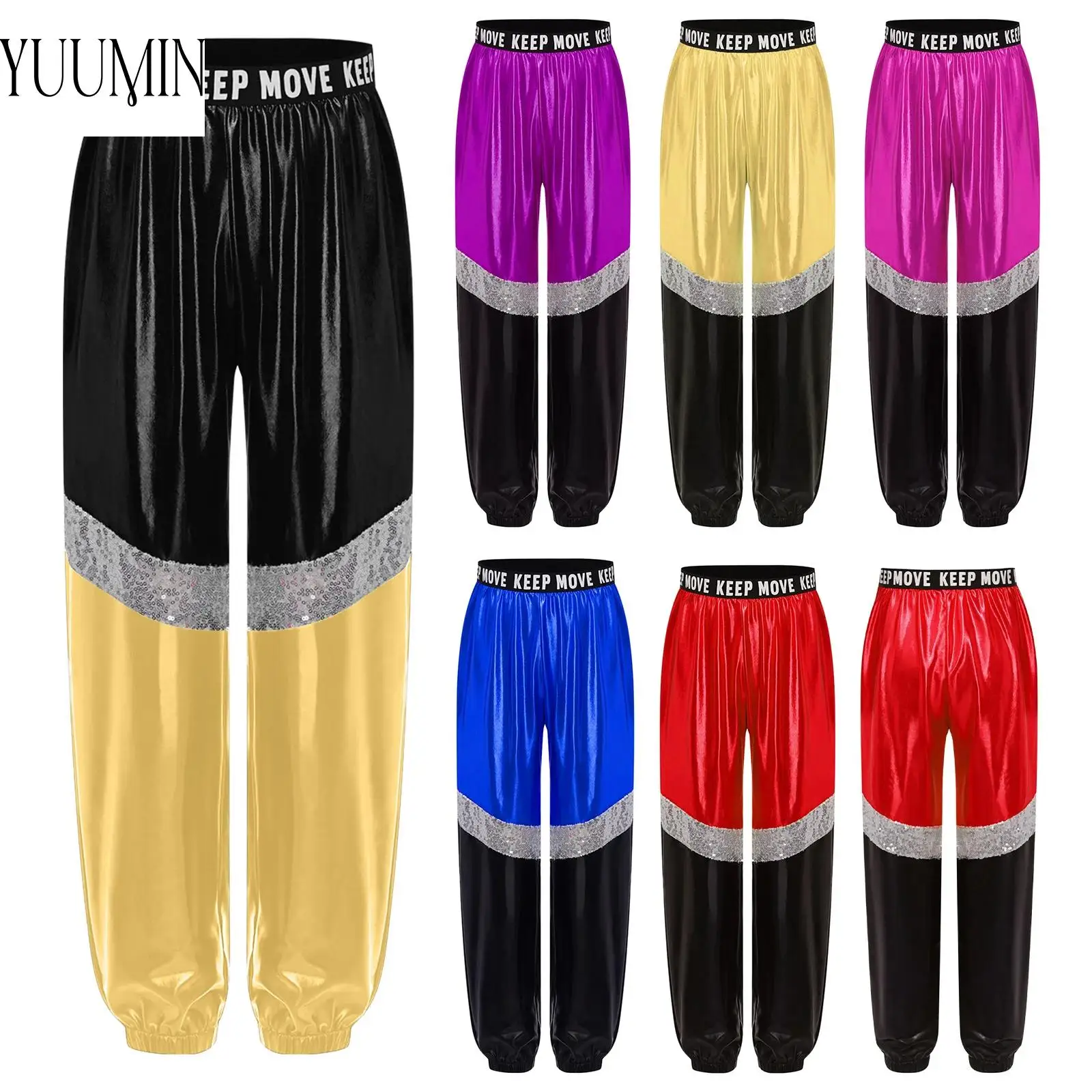 

Kids Girls Jazz Dance Costume School Basketball Cheerleading Uniforms Elastic Waistband Sparkling Sequins Metallic Pants