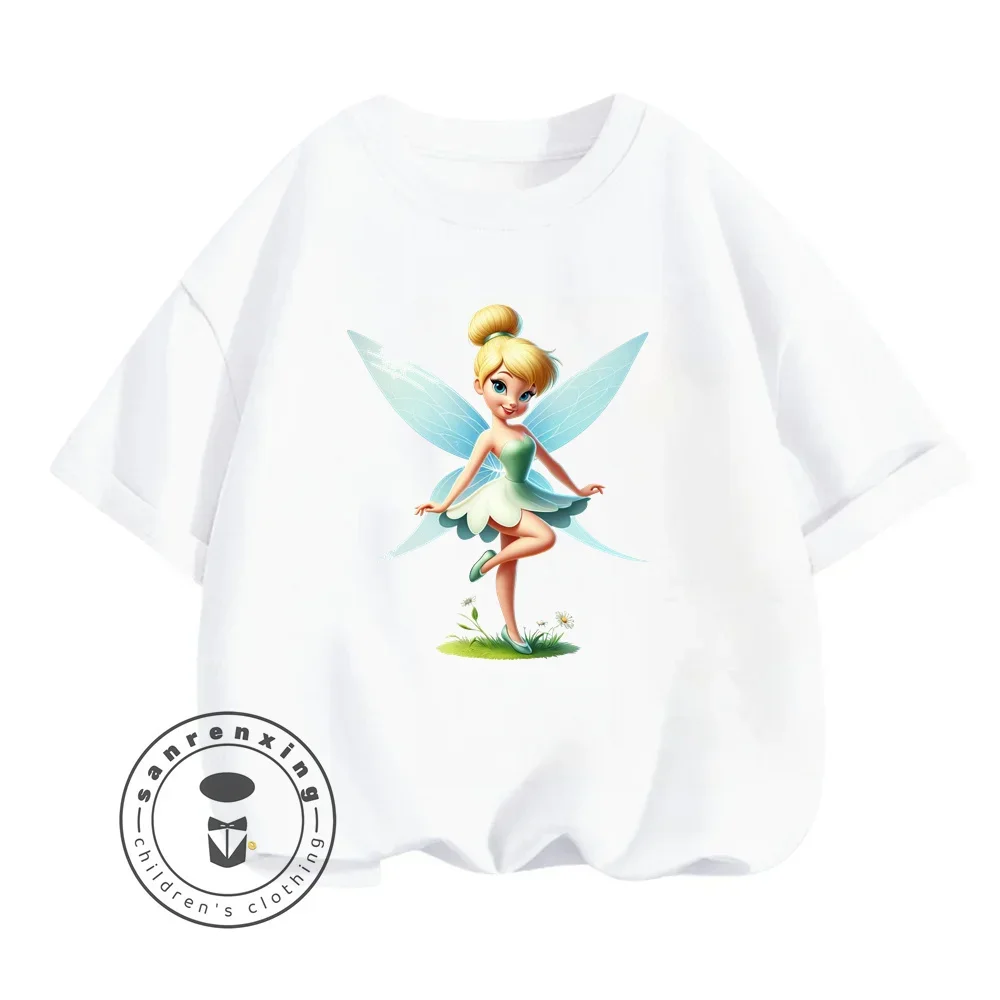 2024 Playful Tinker Bell Animated Cartoon Character Print Design O-neck Vintage Style Short-sleeved Shirt for Summer Children