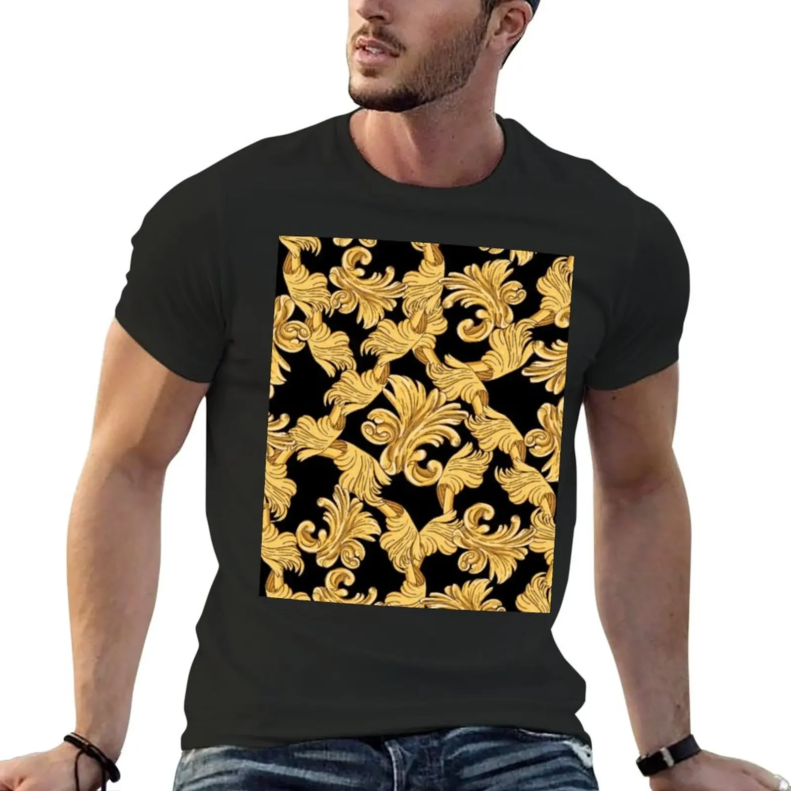 Designer pattern high class black gold leaf bling ritzy hotel lavish five star expensive exquisite luxurious luxury hand T-Shirt