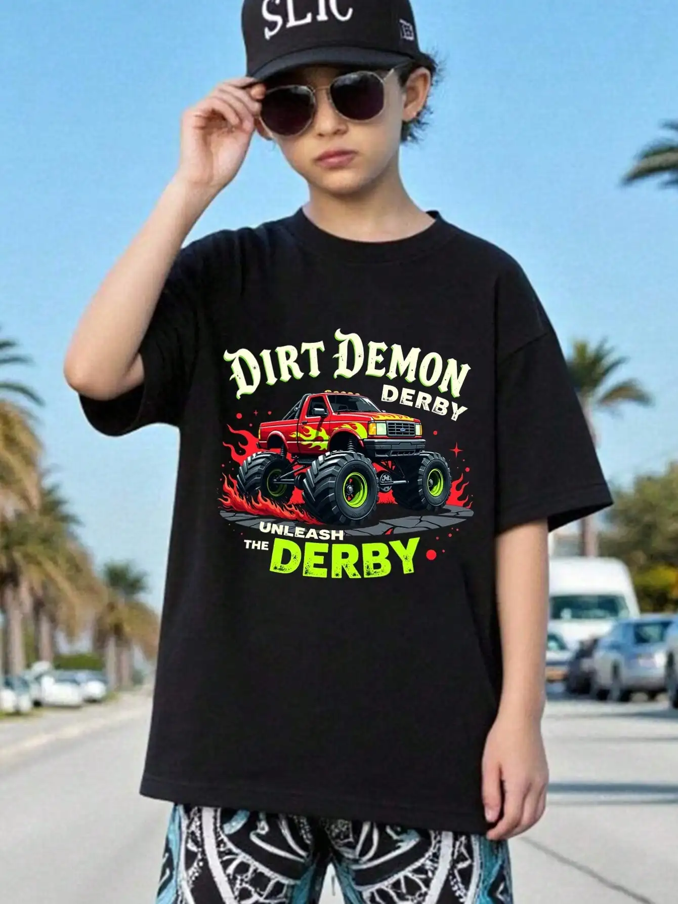 

Boys/Girls Monster Truck Theme Back To School Cotton Graphic Tees, Black Casual Style Summer Tops With Monster Truck Pattern