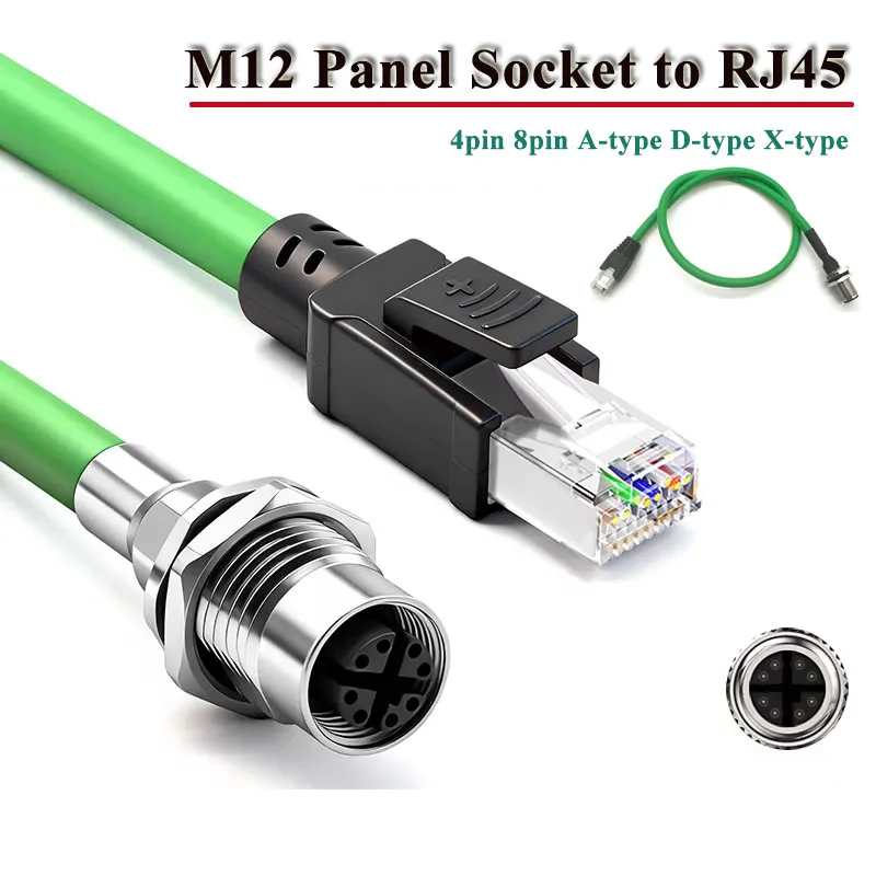 Industrial M12 8pin X-type Panel Socket to RJ45 Network Cable 4/8Pin A/D/X-code Aviation Plug Panel Rear/Front Connector Line