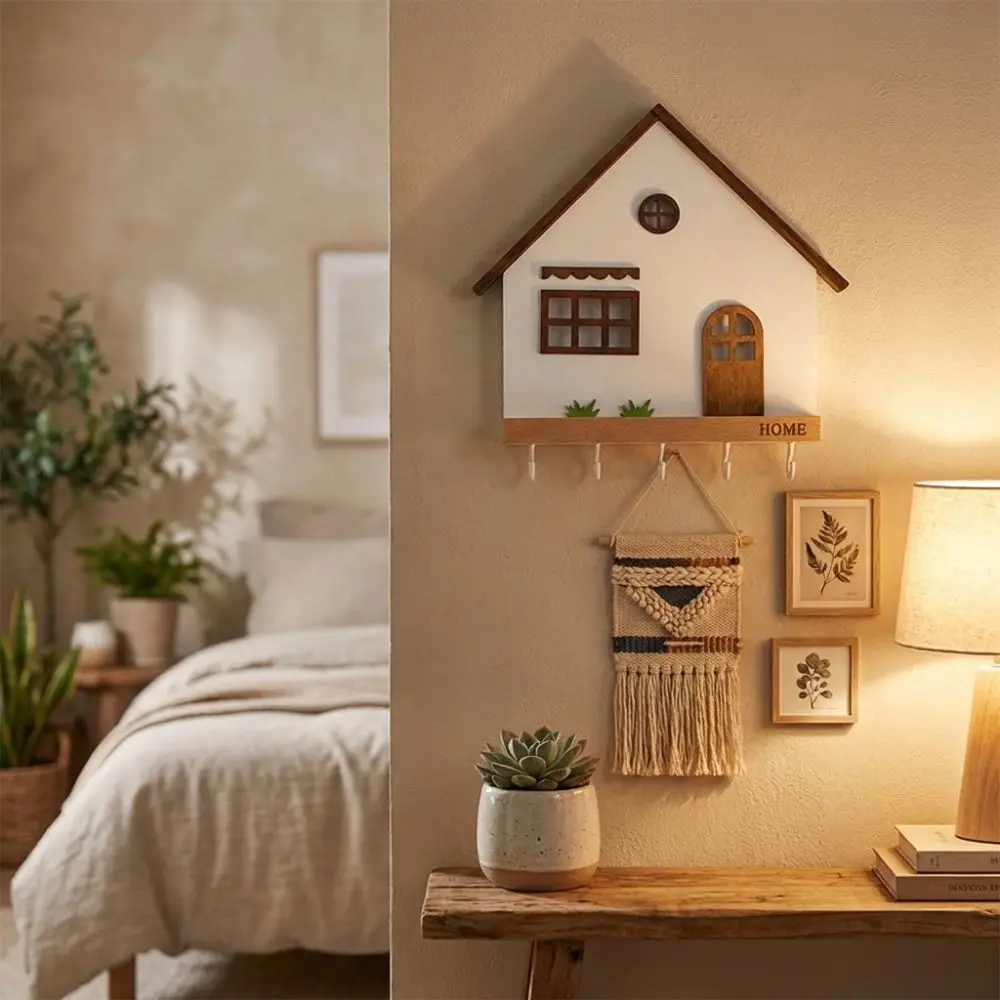 

Современная деревянная настенная ключница с 5 крючками, многофункциональная вешалка для ключей в форме домика, декоративные крючки в деревенском стиле для спальни