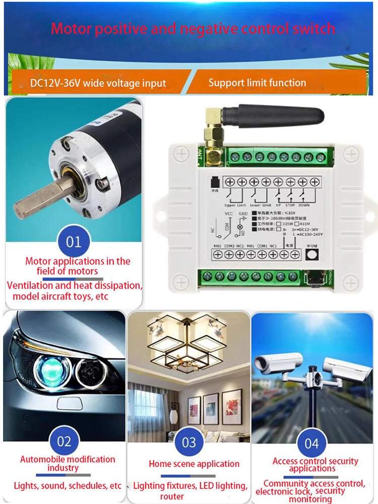 DC12V 24V  2CH Motor Remote Control Switch Motor Forwards Reverse Up Down Stop Door Window Curtain Wireless TX RX Limited Switch
