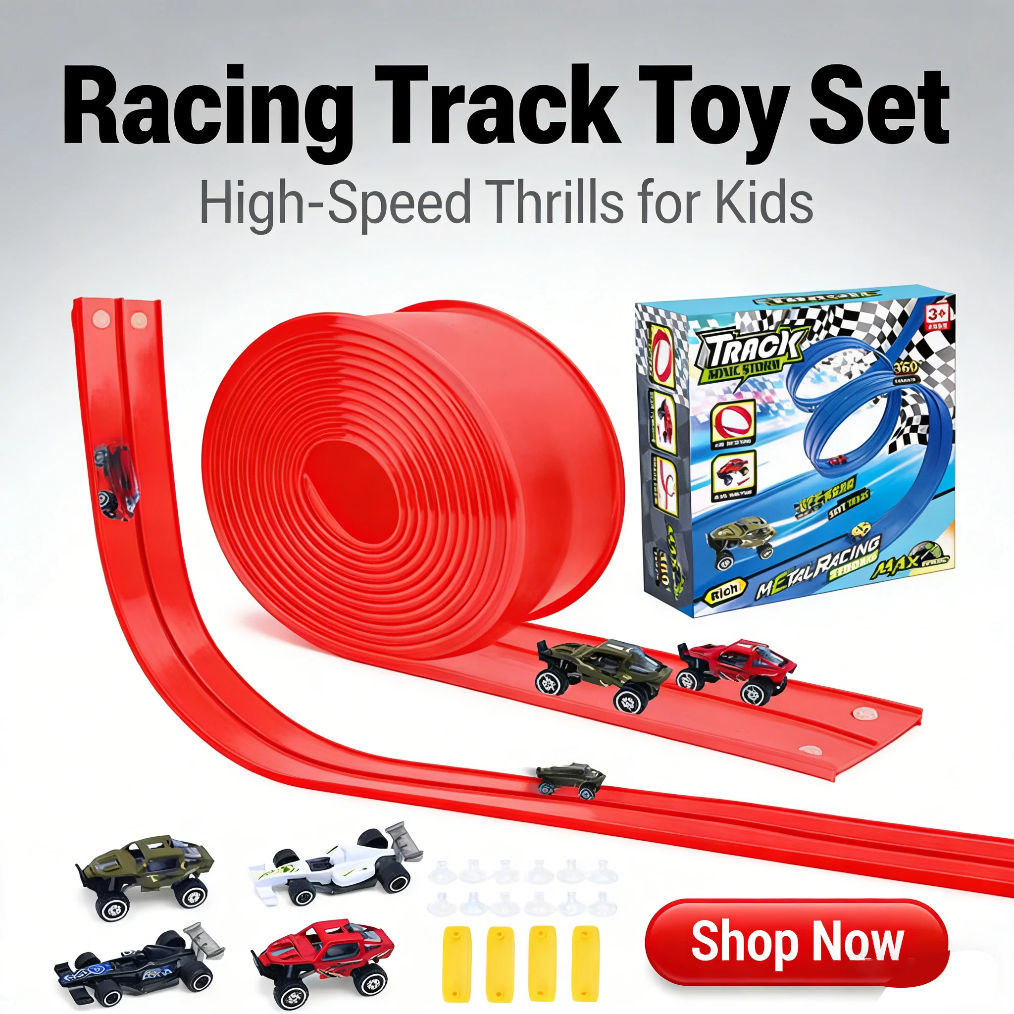 Flexible Race Track Set with 4 Formula Cars - 360° Stunt Loop Racing Track Compatible with 1/64 Diecast Cars, DIY Bendable Track