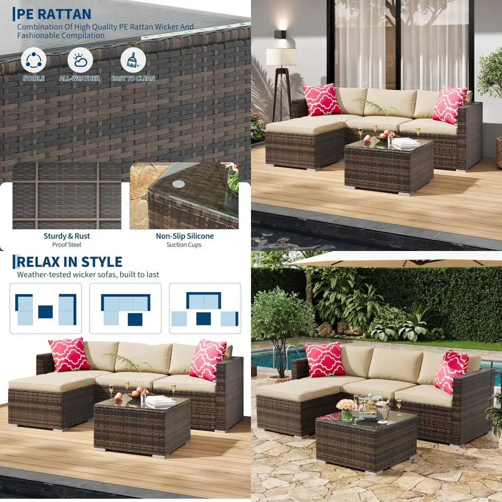 

All-Weather PE Rattan Outdoor Sectional Sofa Set with Ottoman and Tempered Glass Table, Versatile for Garden, Backyard, Porch, a
