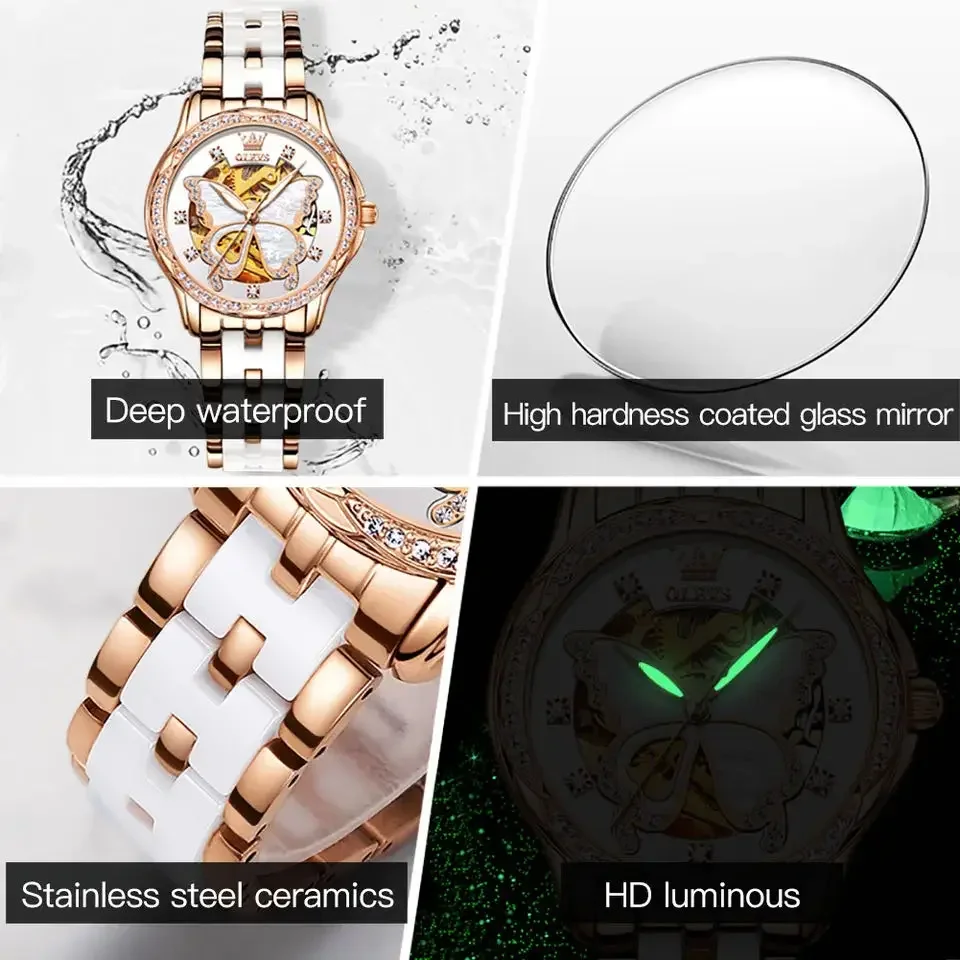 OLEVS Automatic Mechanical Women's Wristwatch Ceramic Strap Waterproof Luminous Diamond Skeleton Tourbillon Dial Watch for Women