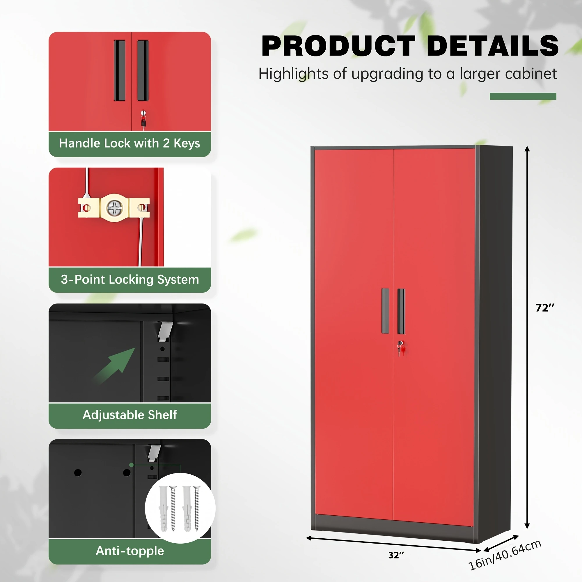 Metal Garage Storage Cabinet, Steel Floor Mount with 2 Doors, 4 Adjustable Shelves, Locking, Painted Finish, Assembly Required