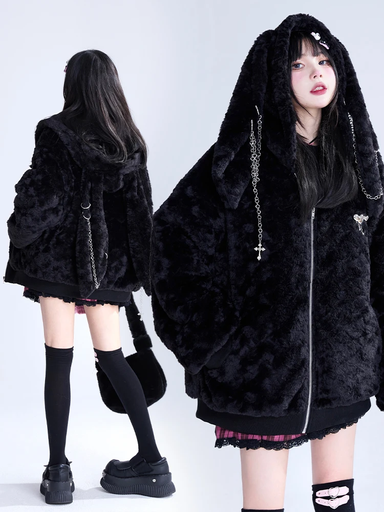 Harajuku Punk Style Black Plush Jacket Autumn Winter New Girls Sweet Cool Gothic Rabbit Ears Warm Thickened Faux Fur Jackets