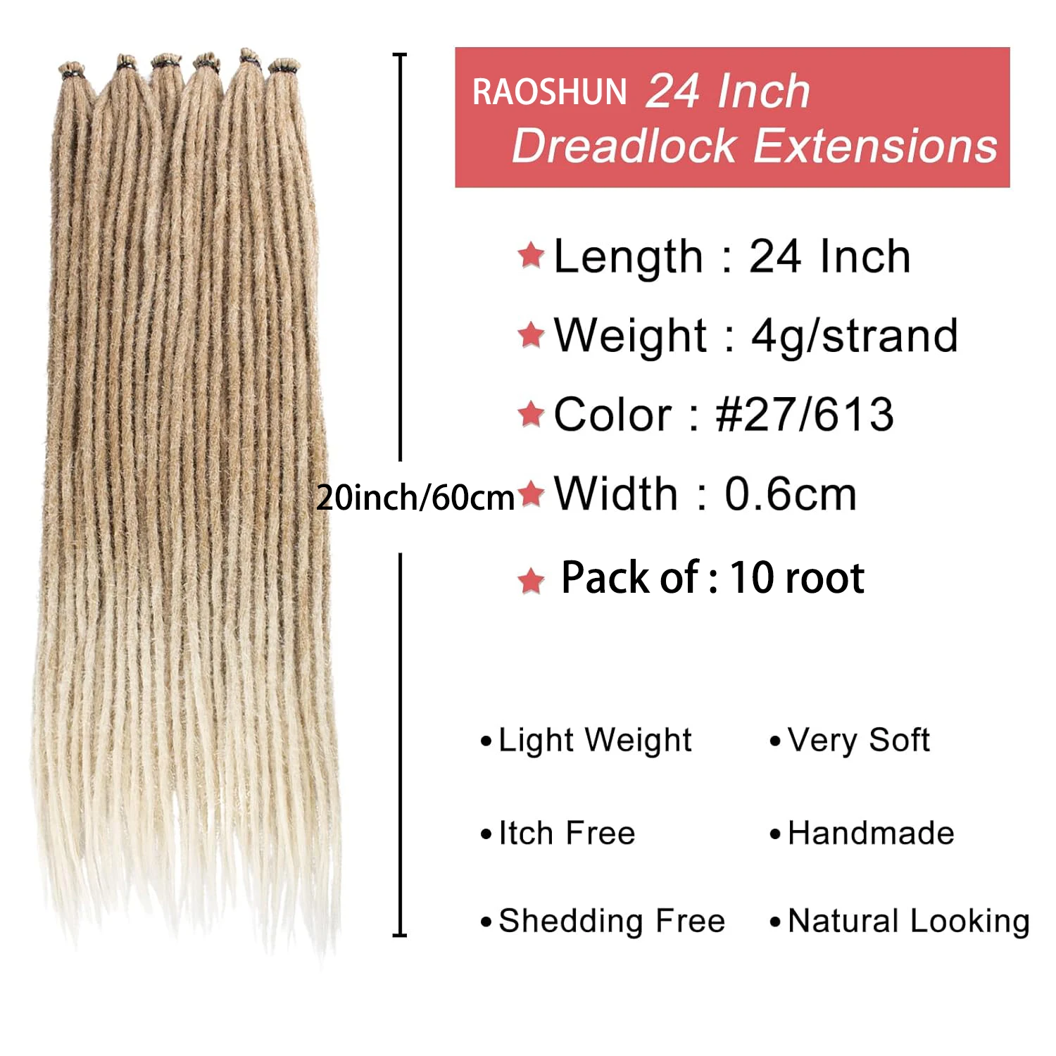 10 Strands 24 นิ้ว Dreadlock Extensions สังเคราะห์ Hippie Single Ended Dreads Ombre สีบลอนด์ 0.6 ซม. ความกว้าง Loc Extensions Reggae