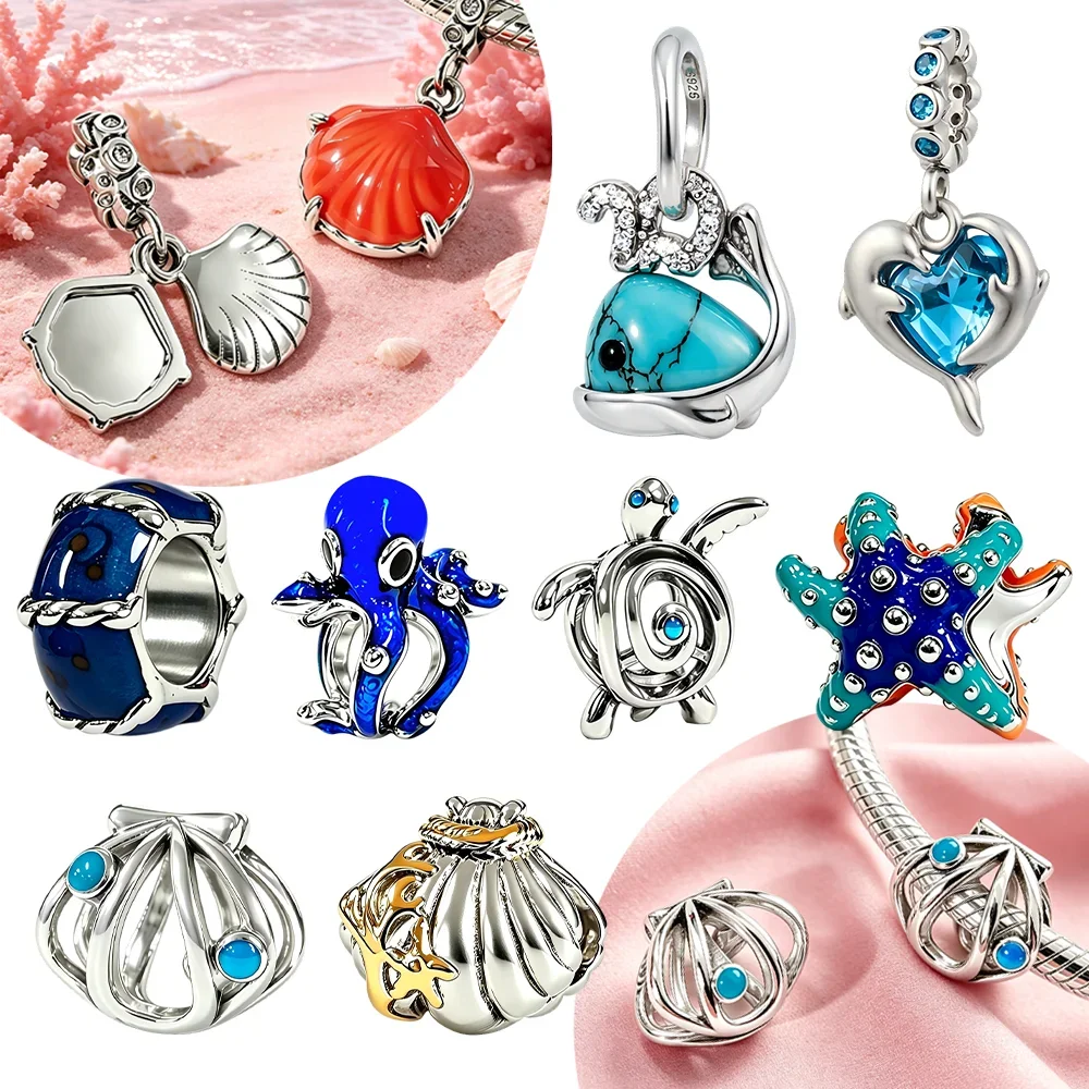 

S925 Silver Sea Life Themed Beads Fit Bracelet Bag Keychain Charms Hollow Shell Heart Dolphin Turtle Pendant Jewelry Making
