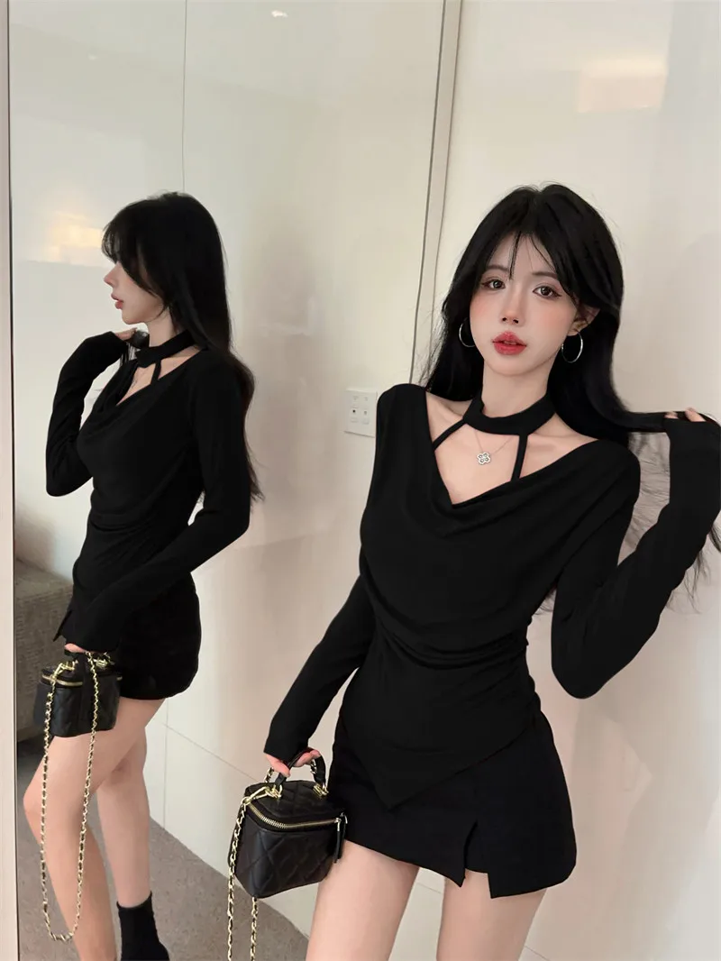 Autumn Hot Girl Sexy Hanging Neck Irregular Swing Collar Long Sleeve T-shirt Women