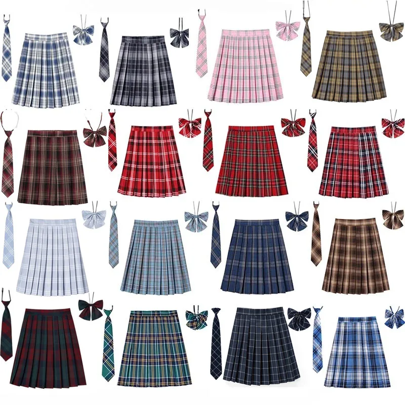 Women Plaid Pleat Skirt With Necktie Bowtie XS- 5XL Harajuku Preppy Mini Japanese School Uniforms Girls Summer Jupe Kawaii Skirt