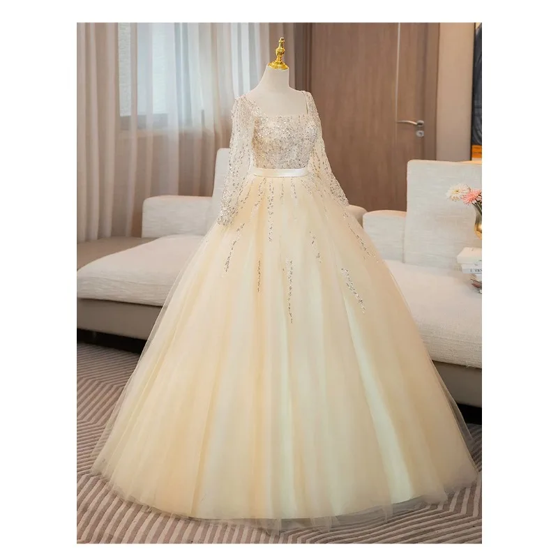 2026 New Champagne Sequin Evening Dress for Women Slim Backless Zipper High Quality Long Customizable Wedding Toast Party Gown