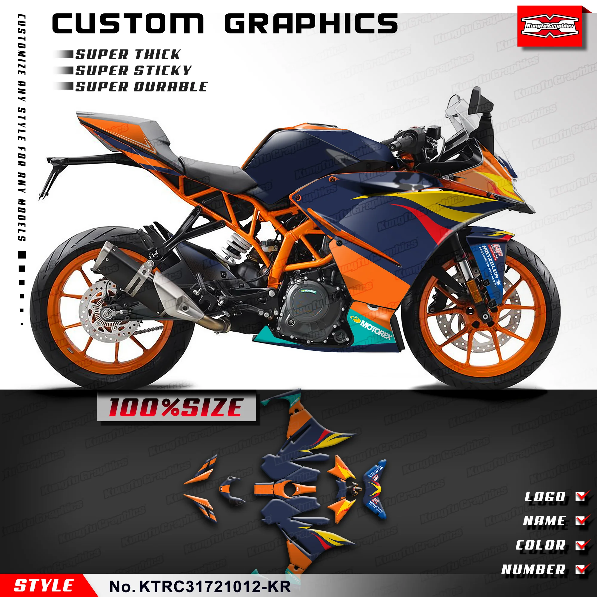 KUNGFU GRAPHICS Racing Graphics Stickers Set for KTM RC 125 200 250 390 2017 2018 2019 2020 2021 2022 2023 2024, KTRC31721012-KR