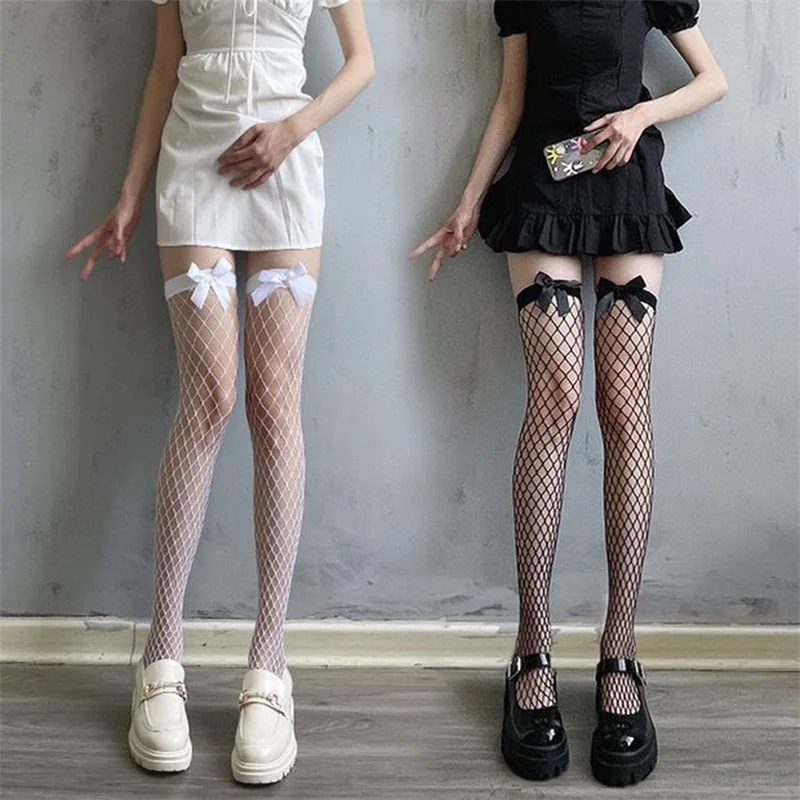 HEZIOWYUN Women's Thigh High Fishnet Socks 3D Ribbon Bow Mesh Sheer See Through Boot Socks Y2K Kawaii Cosplay Stockings