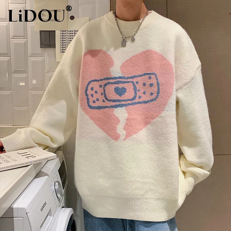 

Autumn Winter Korean Love Print Casual Sweater Man Long Sleeve Oversized Knitted Fashion Loose Pullovers Tops Streetwear Clothes