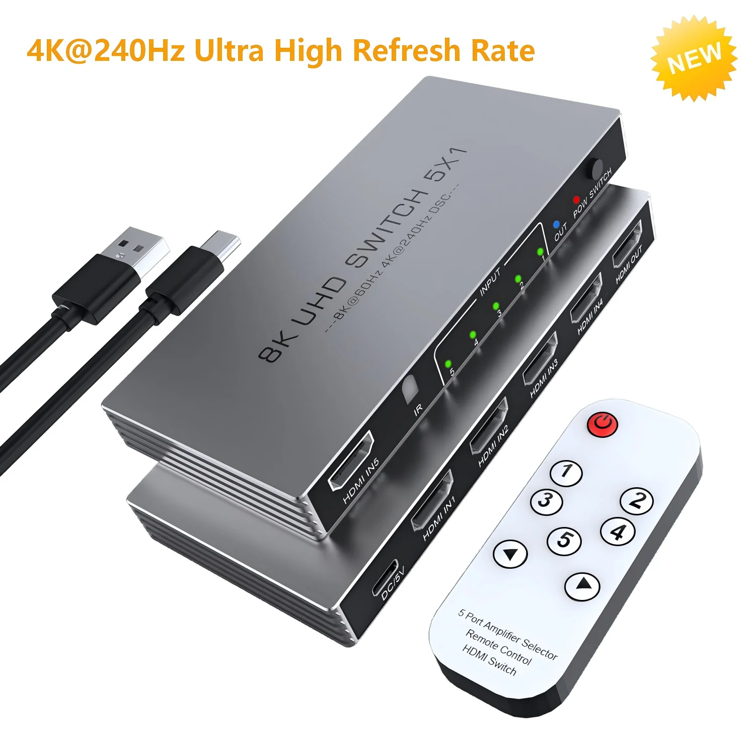 

HDMI Switch 5/4/3 in 1 Out,4K@240Hz HDMI2.1 Switcher Splitter Support HDR10+ HDCP2.3 CEC,For PS5/4 Xbox Roku Apple TV Fire Stick