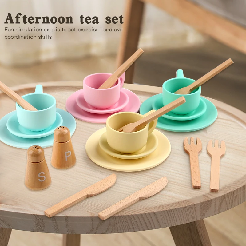 Houten Afternoon Tea Set Kinderen Gesimuleerde Keuken Speelgoed Speelhuis Rollenspel Theeservies Accessoires Voor Kind Vroeg Onderwijs