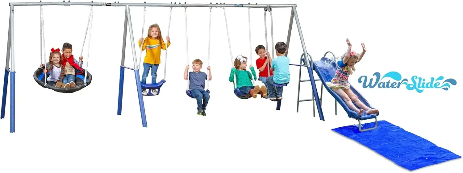 

с 6-футовой водяной горкой и брезентом — металлический набор качелей для игры на заднем дворе на 8 пользователей / 6 станций. 192 дюйма Д x 104 дюйма Глубина x 74 дюйма