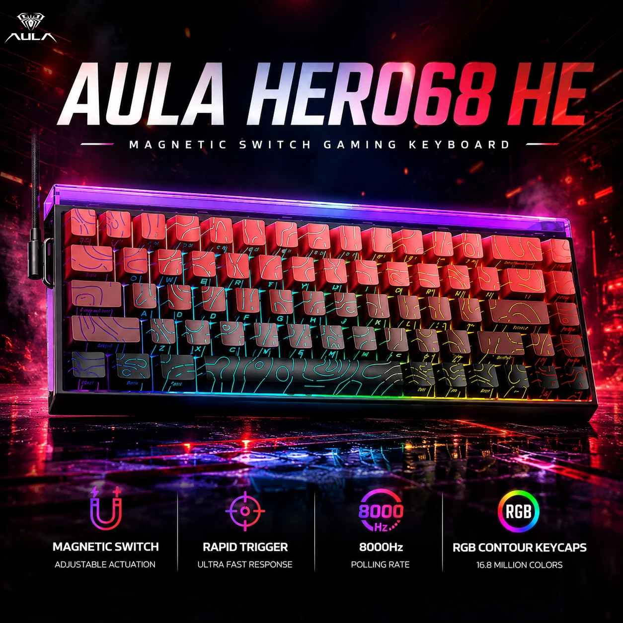 AULA HERO 68 HE Hall Effect Gaming Keyboard 65% Wired RGB Hot Swappable 8K Polling 0.01mm Magnetic Switch for PC Gamers