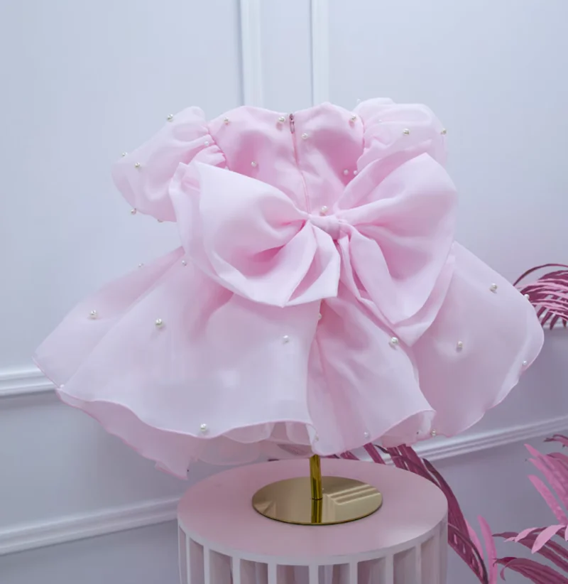 

New Pink Baby Girls Birthday Dresses Pearls Floral Layers Tulle Puff Sleeve Wedding Flower Girl Dress Kid Tutu Outfit