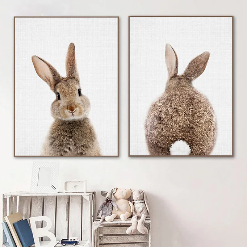 

Bunny Rabbit Tail Wall Art Woodland Animal Poster Canvas Painting Nursery Print Children Picture Nordic Kids Baby Room Decor