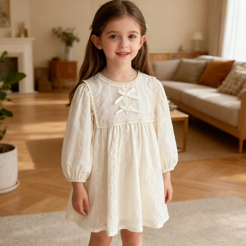Herbst Baby Mädchen Kleid Kind Prinzessin Bogen Kleider 2-6Y Lange Ärmeln Stickerei Blume Baumwolle Druck Baby Mädchen Süße Party Kleid