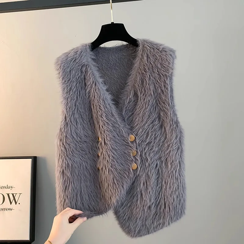 

Новый женский жилет без рукавов с двубортным бархатом из искусственной норки осень-зима, высококачественный модный жилет, вязаный топ