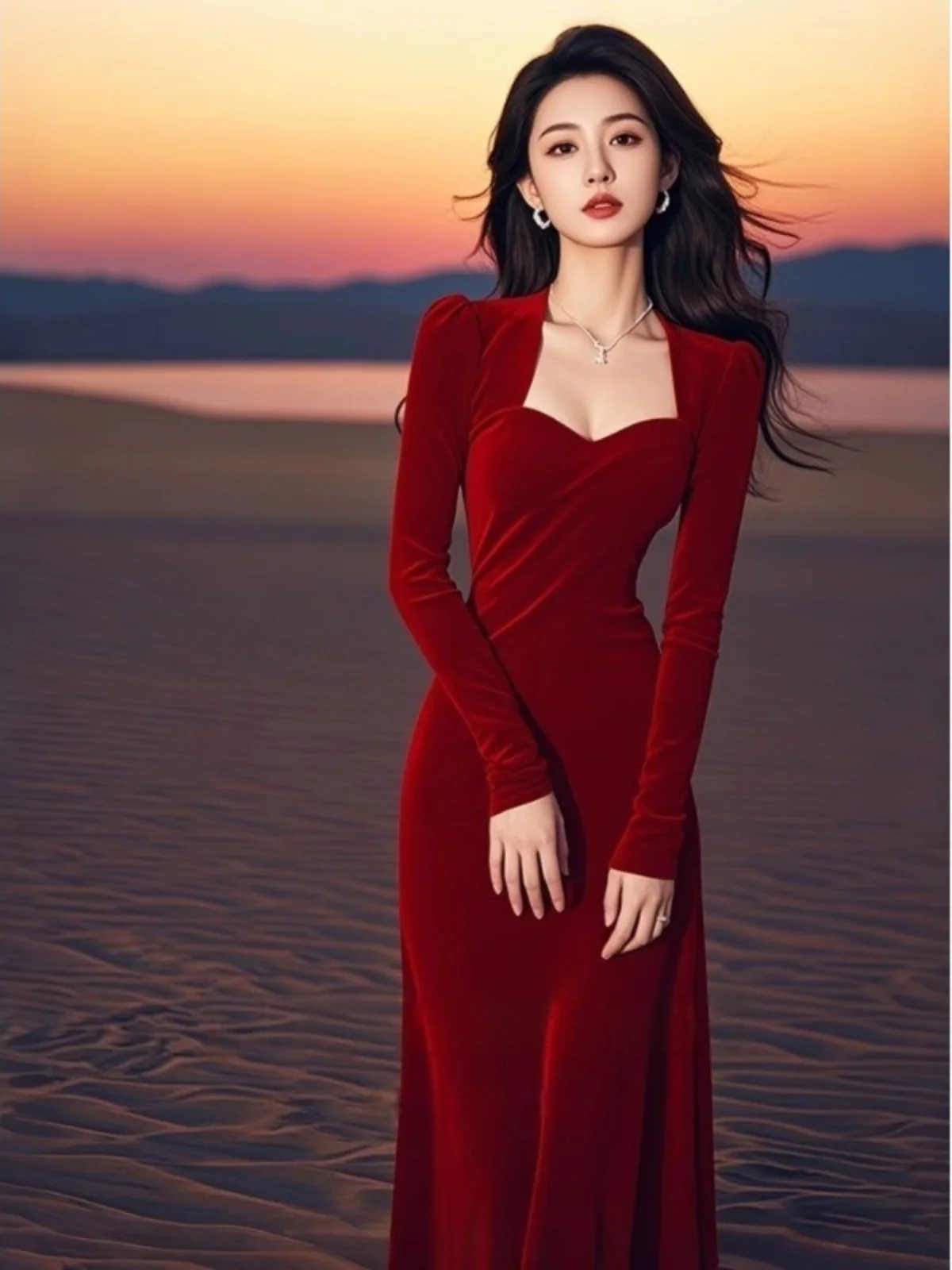 

Red Velvet Dress Powerful Presence High Society Lady Attends Important Occasions Spring Autumn Slim Fit Long Sleeve High Waist