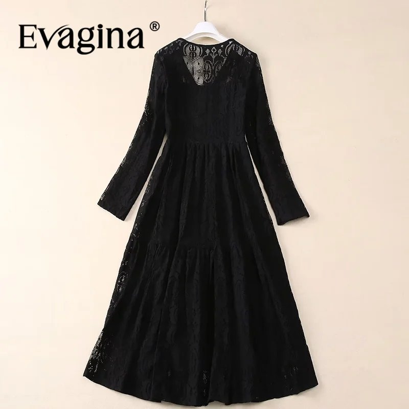 Evagina Fashion Design Autumn Women's Dress Sexy V-Neck Chic Lace Hollow Out High Waiste Pleated Dresses