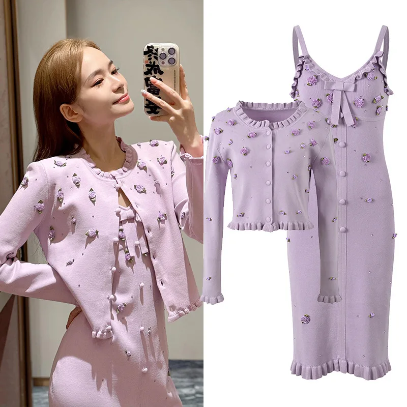 Elegant Women's Knitted Long Sleeve Cardigan And Strap Dress Set with 3D Flower Embellishments High-End European Style Sweet ...