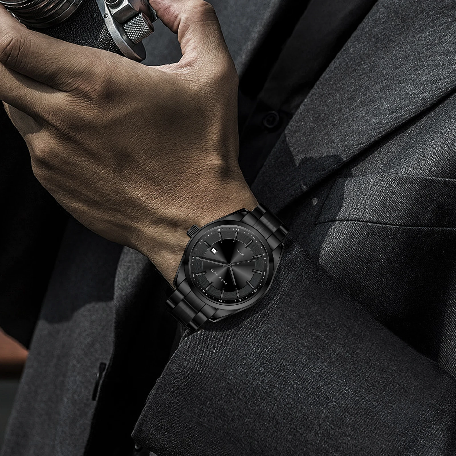 هانا مارتن العلامة التجارية الأعلى حركة يابانية حزام الفولاذ المقاوم للصدأ 40 ملم أسود 3Bar مقاوم للماء الأعمال الرياضية نمط ساعات كوارتز