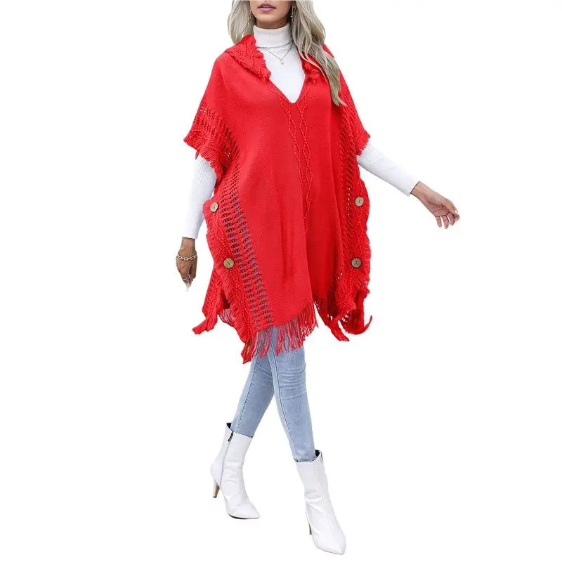 

BMBY-Ladies' Hooded Cape With Fringed Hem, Crochet Poncho Knitting Patterns For Women Red One Size