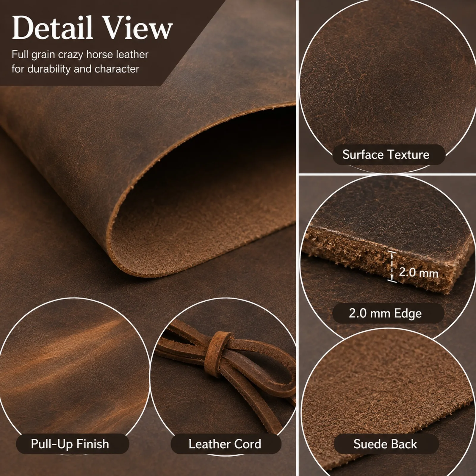 Paquete de 3/1 Unidades de Láminas de Cuero Genuino de Vaca Crazy Horse de 2.0mm, Cuero Encerado con Efecto Pull-Up para Carteras, Bolsos, Fundas y Proyectos de Costura Manual DIY