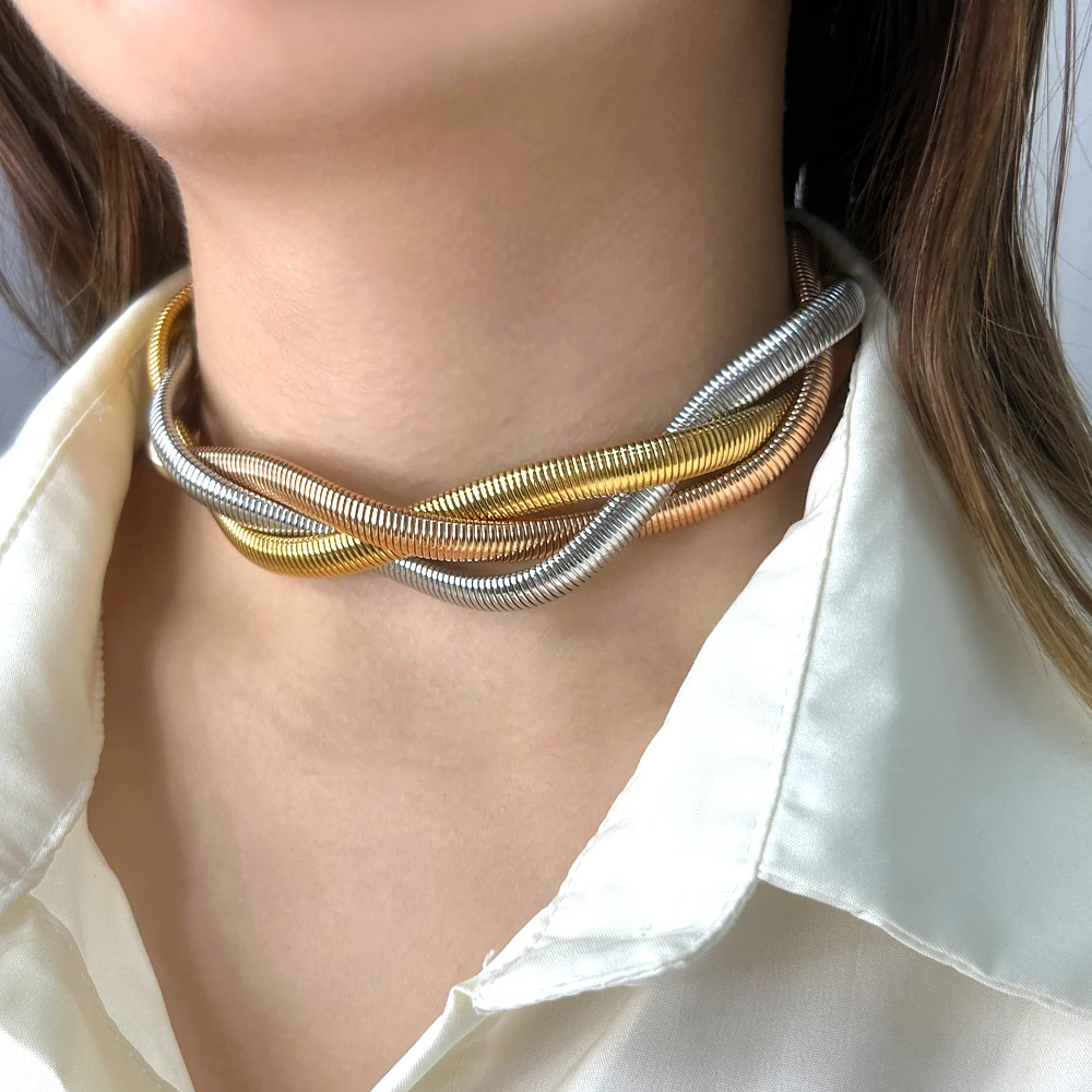 

Y2K Multilayer Twist Choker PVD Gold Plated Stainless Steel Elastic Chain Men Women Hip Hop Jewelry