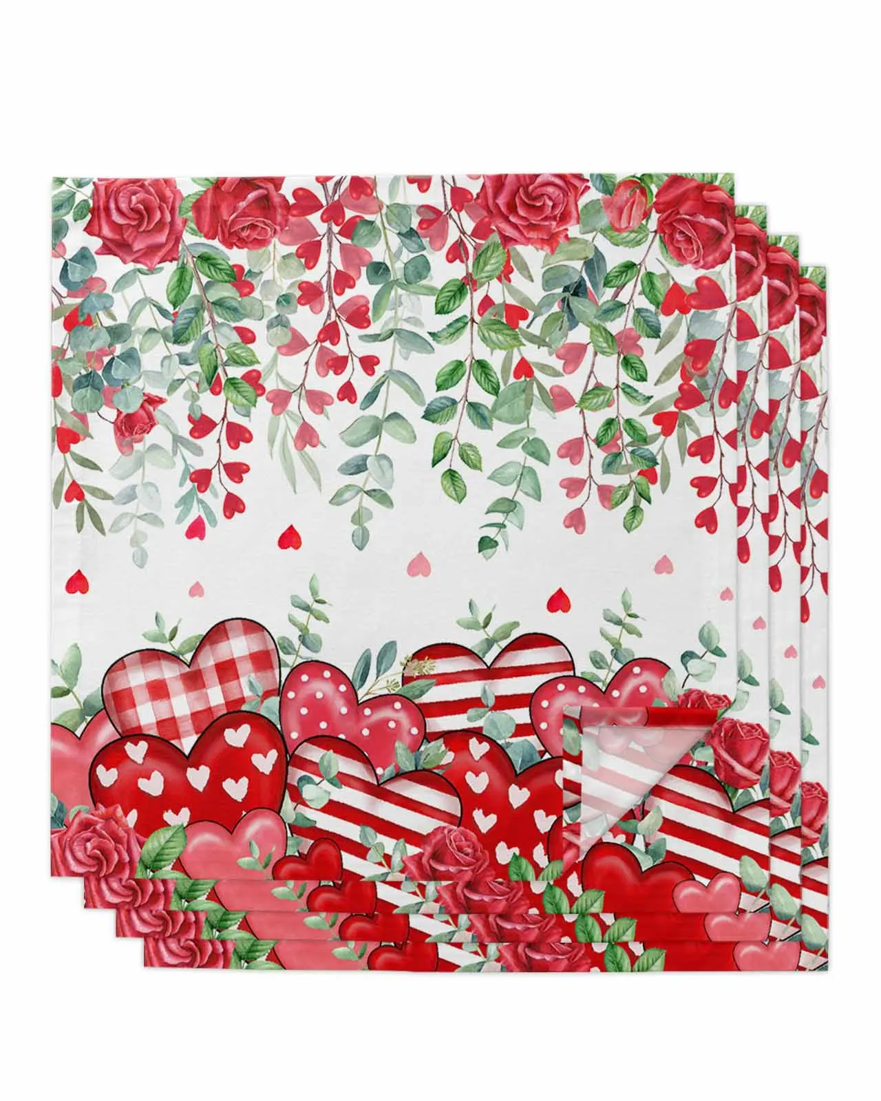 4pcs Valentine'S Day Red Heart Leaves Rose Table Napkins Cloth Set Kitchen Dinner Tea Towels Table Mat Wedding Decor Napkins