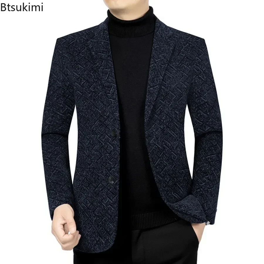 2024 Men\'s Blazers Jackets Fashion Autumn Winter Plus Velvet Thickened Warm Suits Male Handsome Trend Casual Business Suit Coats