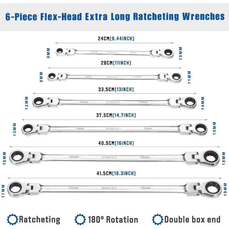 6 Piece Extra Long Soft Head Ratchet Set, 72 Tooth Double Box End Wrench Set, Metric 8mm - 19mm