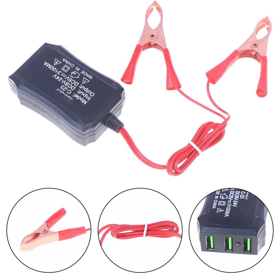  12V 24V To 5V 3USB Port Power Adapter With Battery Clip For Charging Cell Phone Emergency USB Power High Efficiency Tool 