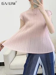 GVUW Women Pleated Sleeveless Solid Color T-shirt Round Collar Pullover Slim Fit 2024 Summer Female Fashion Clothing 17D392