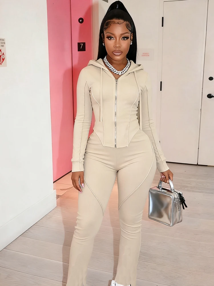 

Weird Puss Повседневный лоскутный комплект из 2 предметов Женский спортивный костюм с капюшоном и длинным рукавом на молнии + брюки-клеш с разрезом Эластичный спортивный костюм