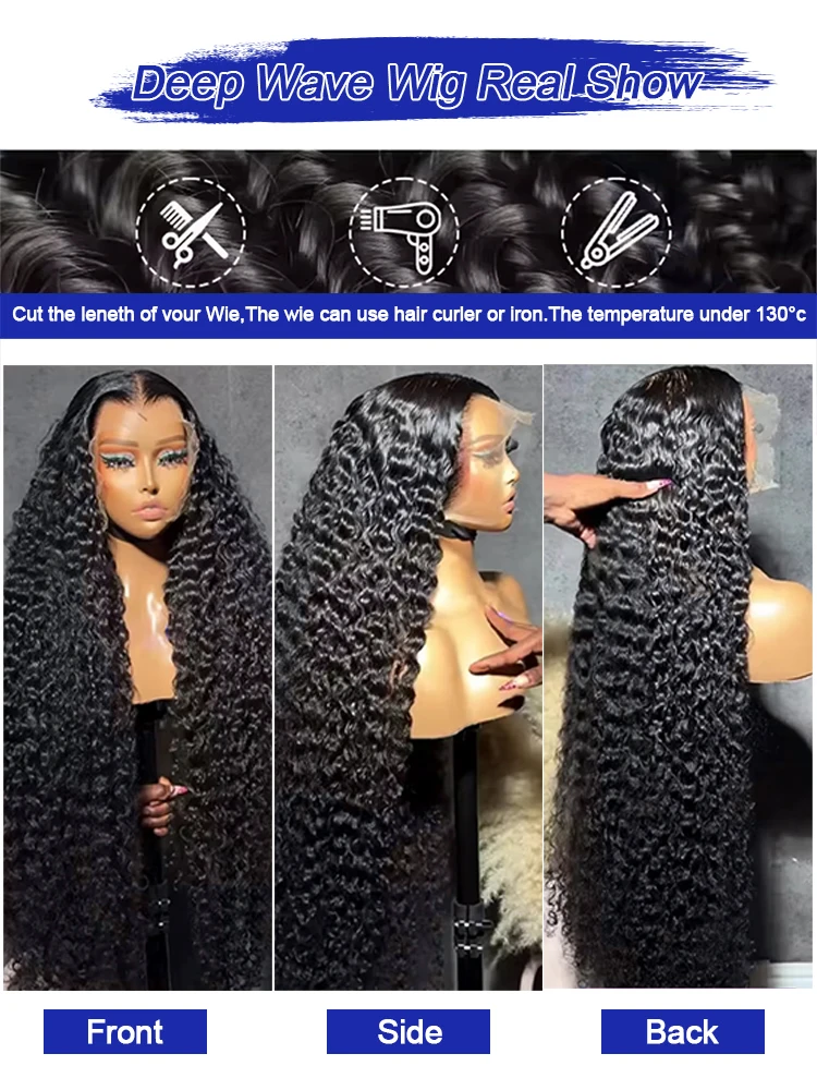 300% High Density Long Deep Wave Lace Frontal Wigs for Women Glueless Wet and Wave Lace Frontal Wigs Pre Plucked With Baby Hair Bleached Knot Vietnamese Jerry Bouncy Curly Wigs Female 40 42 Inch Transparent 13x6 HD Lace Front Wigs Human Hair
