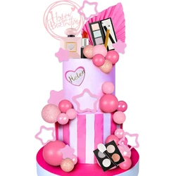 34PCS Makeup Cake Topper Happy Birthday Cake Topper with Lipstick Eye Shadow Makeup Brush for Girls Makeup Birthday Party Decor
