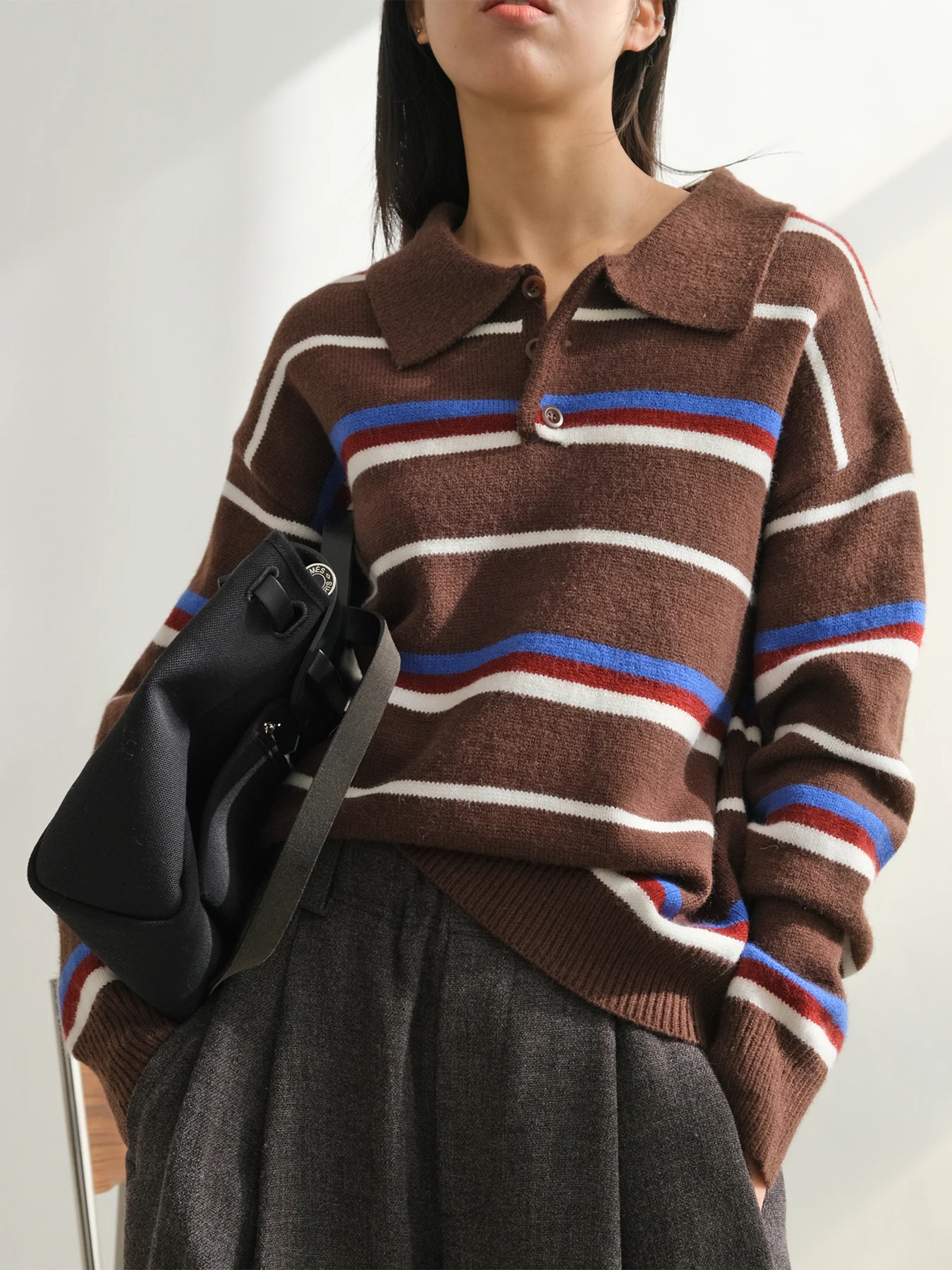 

Вязаный свитер с открытым воротником в стиле ретро Vg Corridor, женская базовая одежда для повседневной носки, в полоску, с цветовыми блоками...