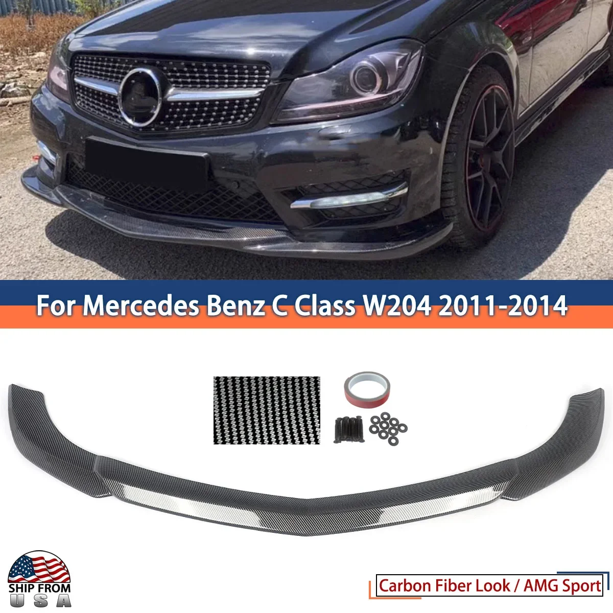 Carbon Style Front Bumper Splitter Lip For 2011-2014 Mercedes C Class W204 AMG