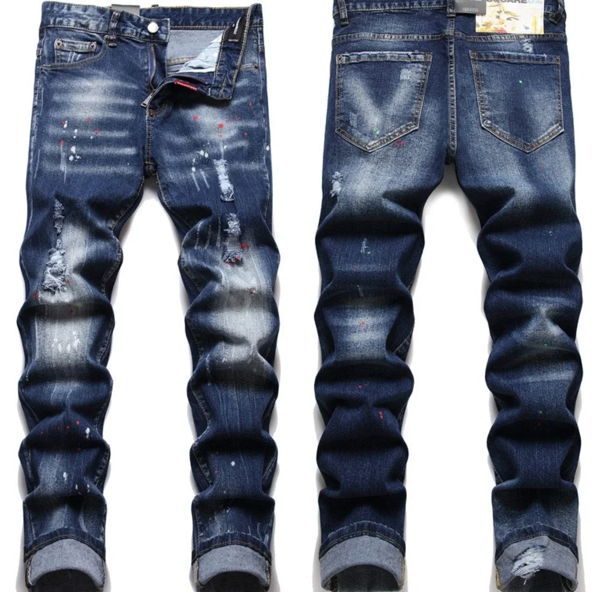 Herren perforierte Jeans 3d innere Stickerei Reiß verschluss gebleicht Slim Fit Strumpfhosen hochela tischen Reiß verschluss Trend Katze Bart Farbverlauf 2024