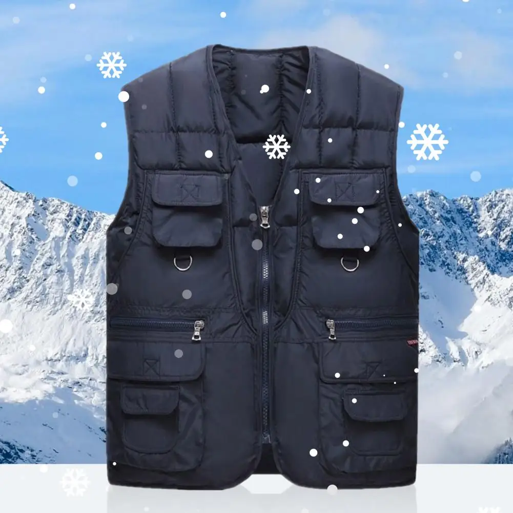 

Autumn Winter Men Vest With Multiple Pockets Zipper Closure Waistcoat Solid Color Winter Warm Coat Fashion Clothing