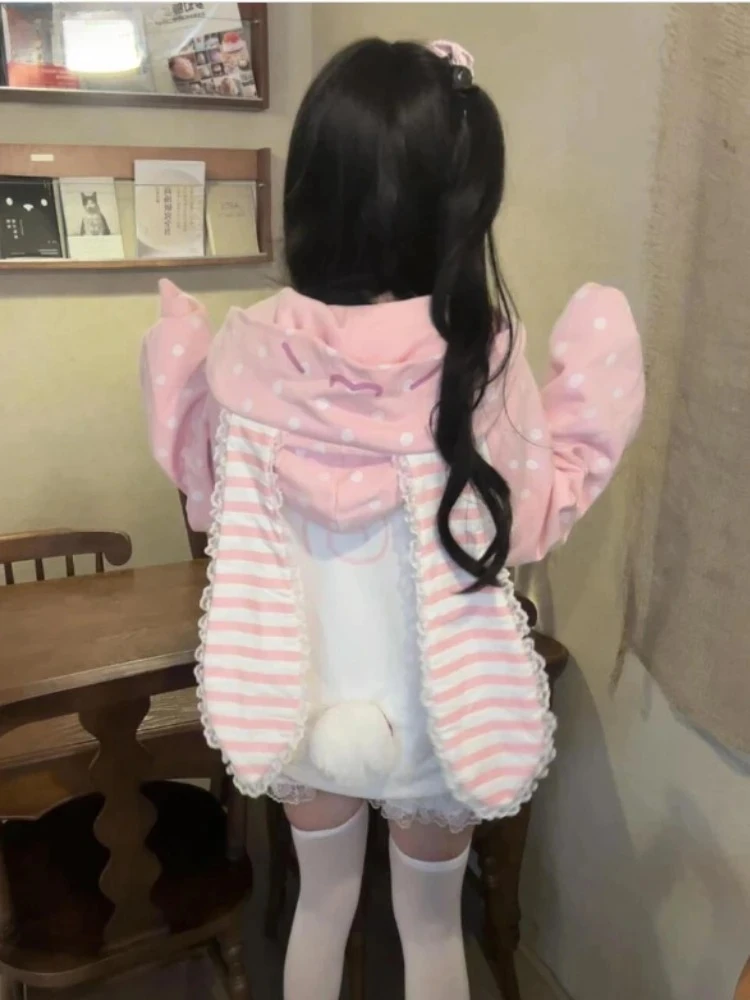 اليابانية Kawaii آذان أرنب هوديس فضفاض البولكا نقطة المرقعة المرأة الجرونج هودي Y2k الجمالية الجنية الفراولة البلوز #1